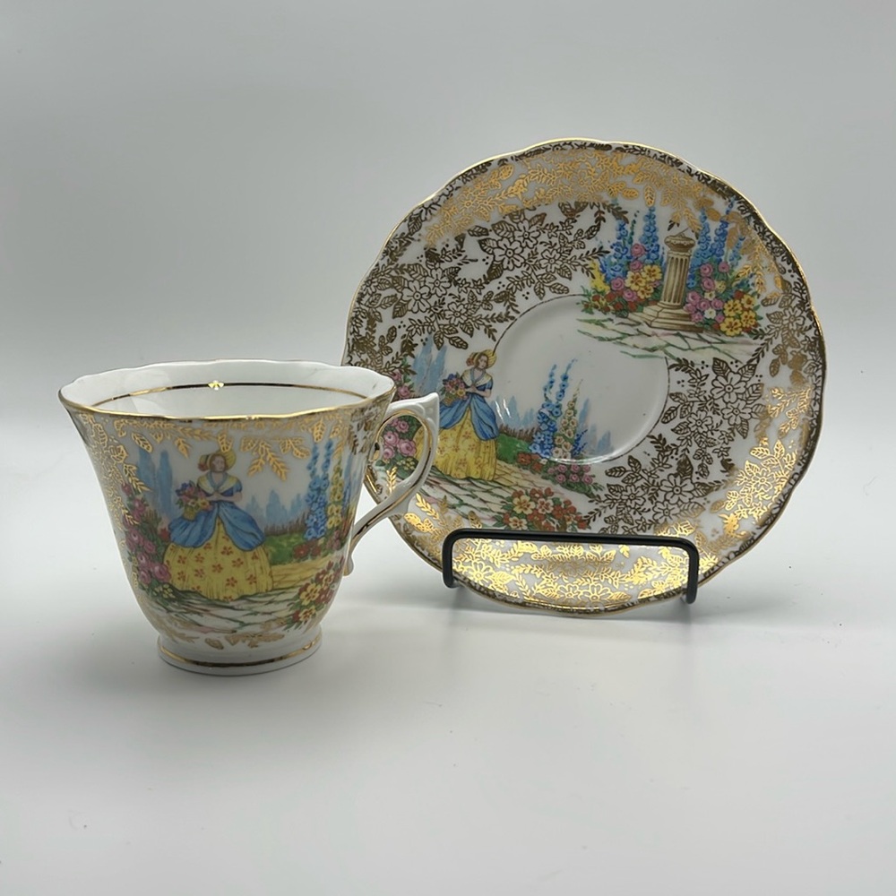 Vintage Colclough Made in England Lady in Garden/Courtyard‎ Tea Cup and Saucer